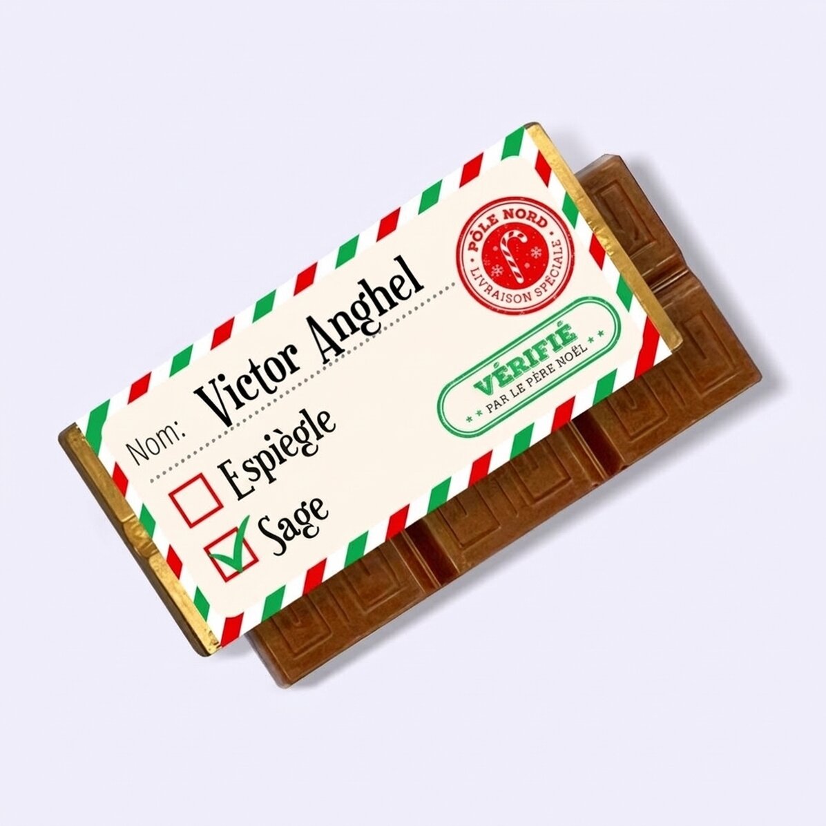 Mini-tablette de chocolat personnalisée avec un message - Vérifiée par le Père Noël