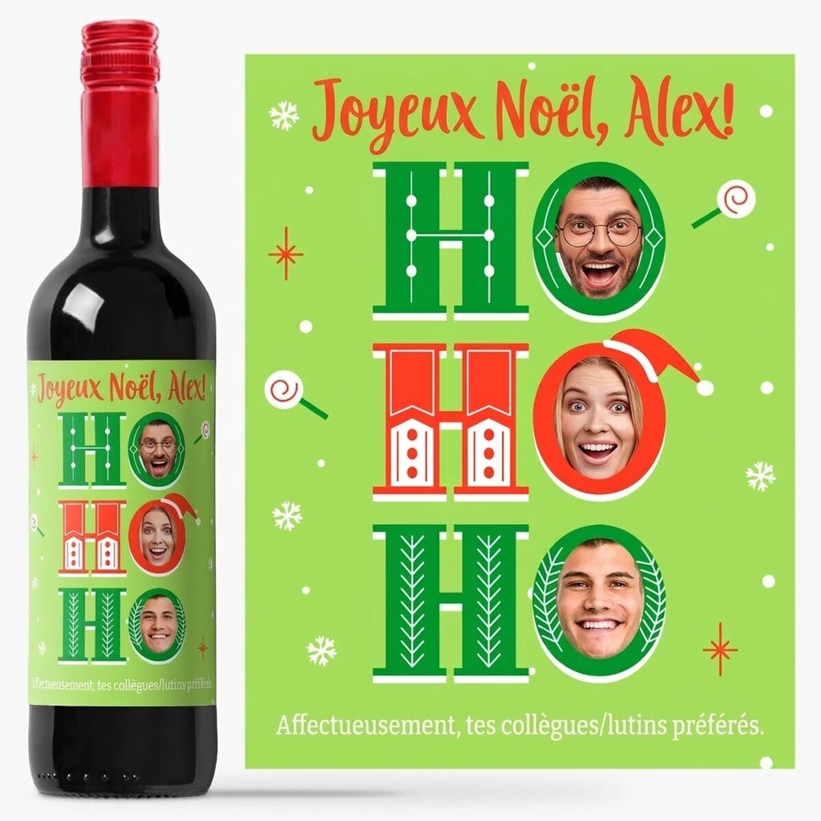 Vin personnalisé avec un message et 3 photos de Noël - HO HO HO