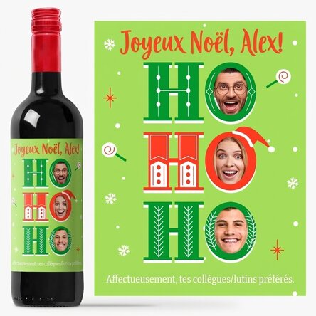 Vin personnalisé avec un message et 3 photos de Noël - HO HO HO