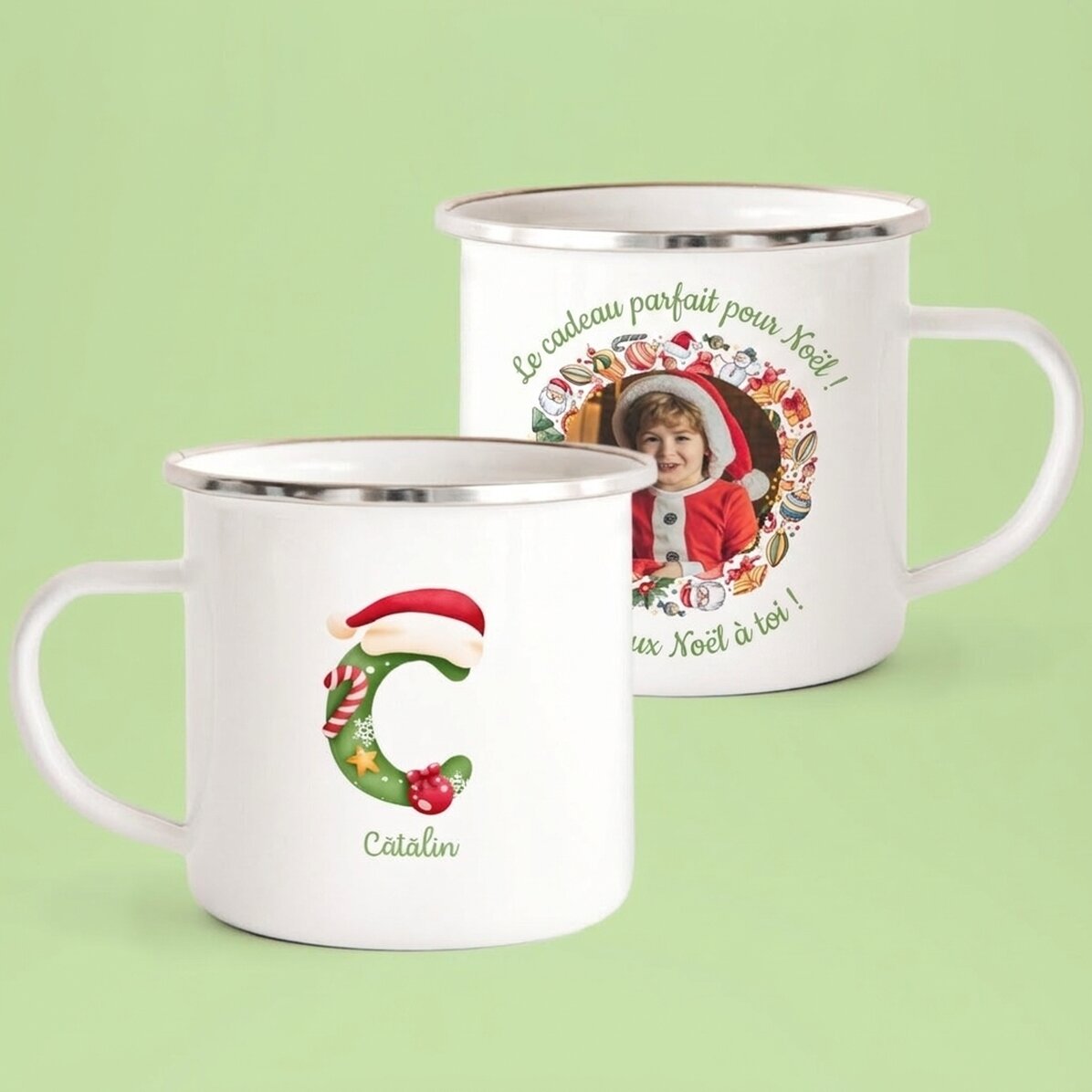 Tasse émaillée personnalisée avec un texte et une photo - Noël