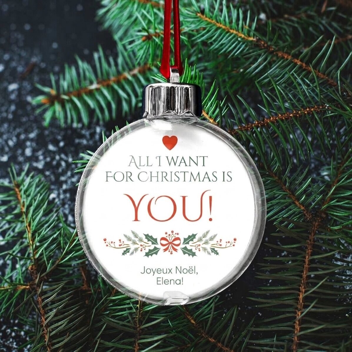 Boule transparente personnalisée recto-verso avec une photo et un message - « All I want for Christm