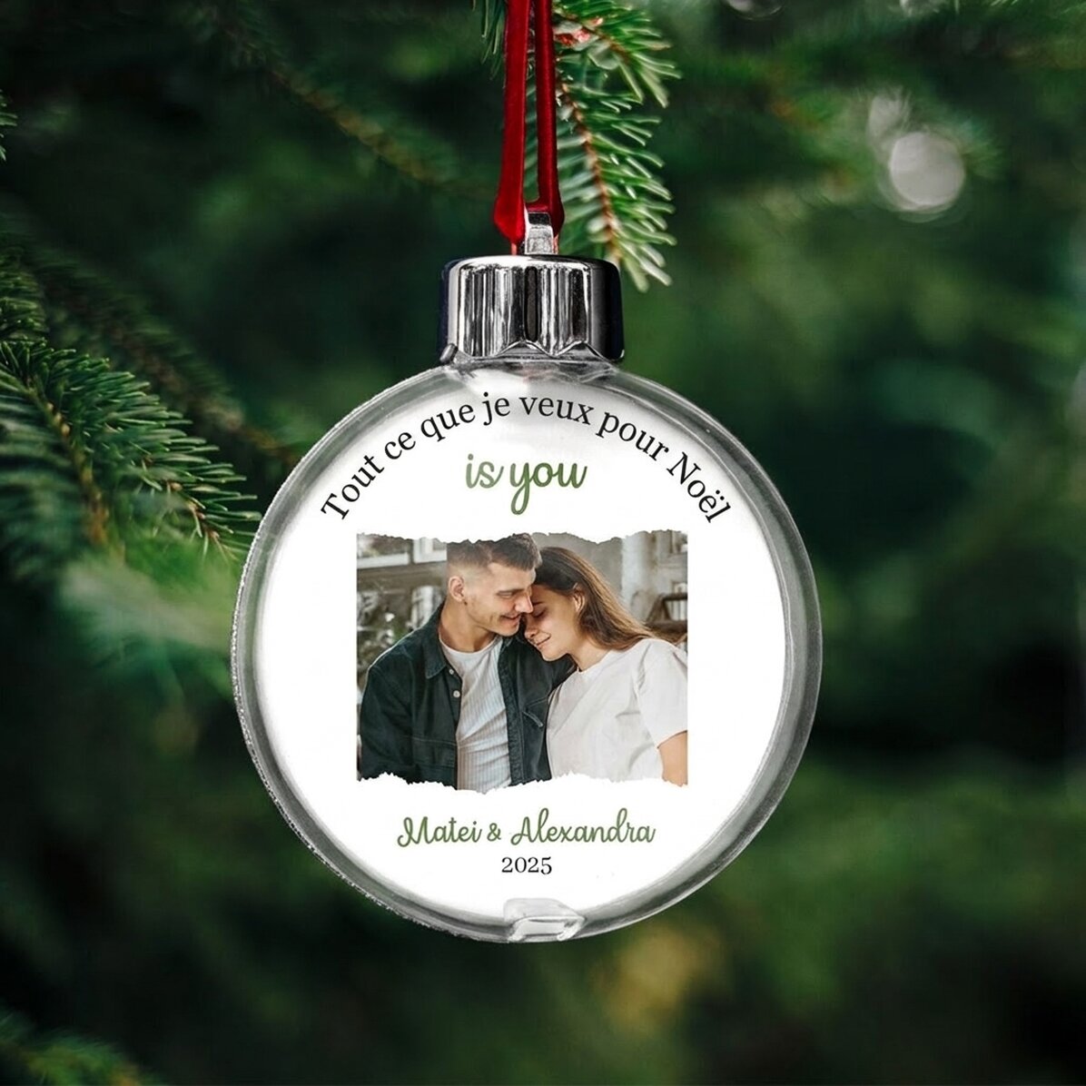 Boule de Noël personnalisée avec un message et une photo - « All I want for Christmas »