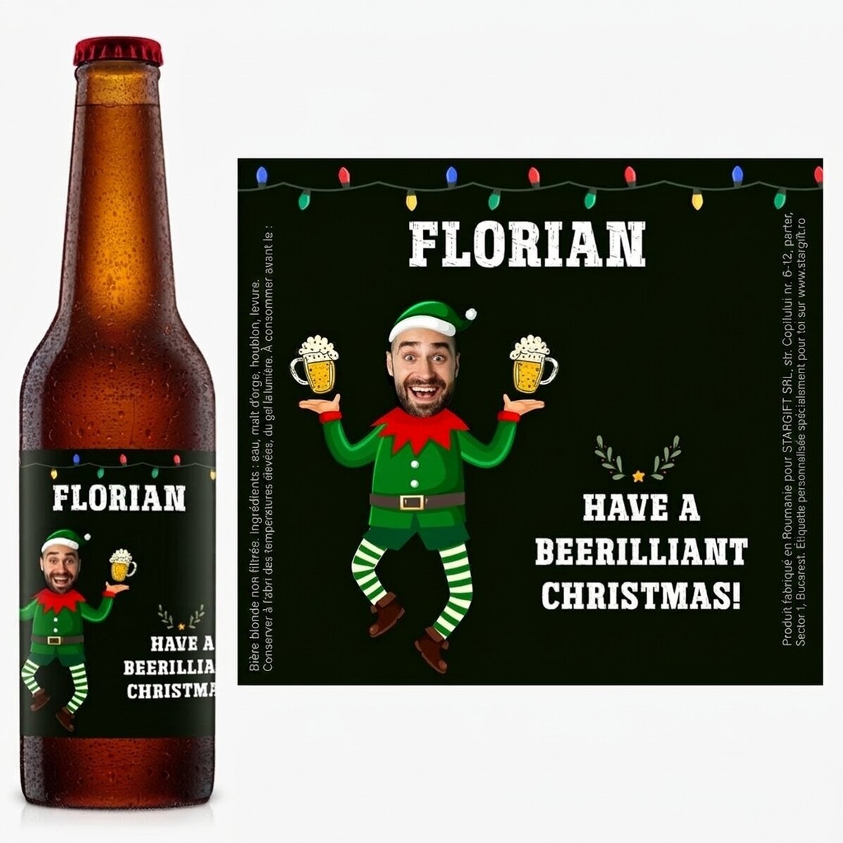 Bière personnalisée avec une photo et un message de Noël - Lutin