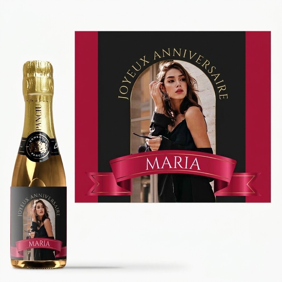 Mini-bouteille de vin mousseux personnalisée avec une photo et un texte - Ruban