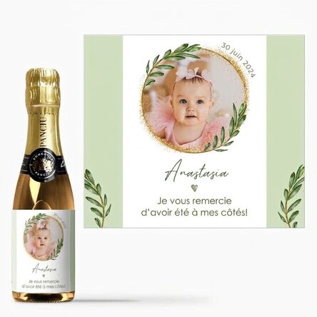 Mini-bouteille de vin mousseux personnalisée avec une photo et un texte - Cadeau de baptême