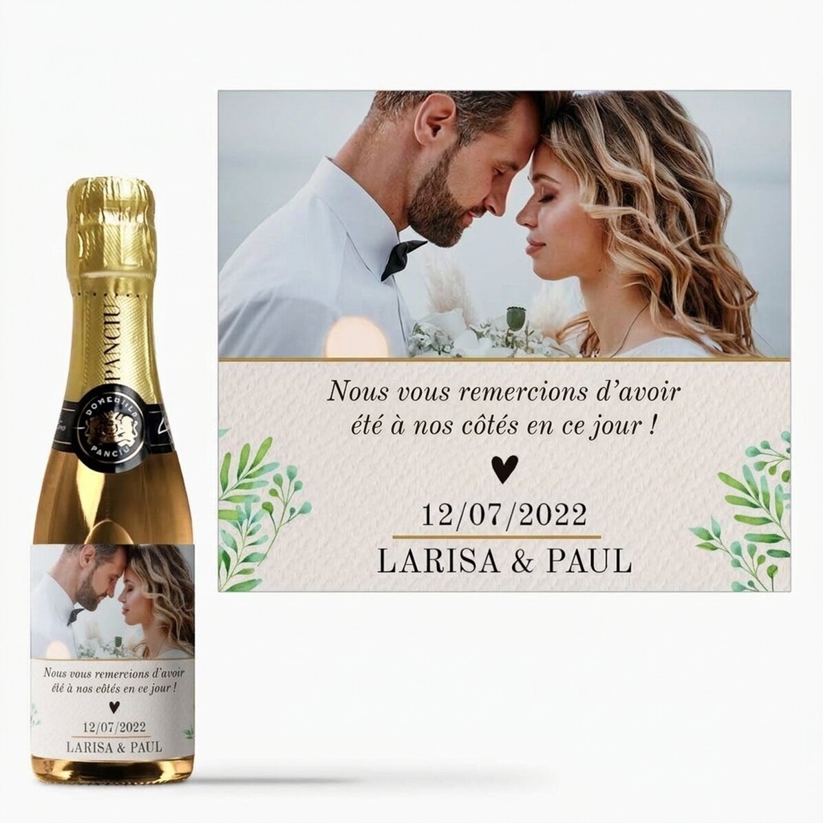 Mini-bouteille de vin mousseux personnalisée avec une photo et un texte - Merci !