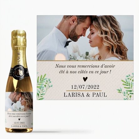 Mini-bouteille de vin mousseux personnalisée avec une photo et un texte - Merci !