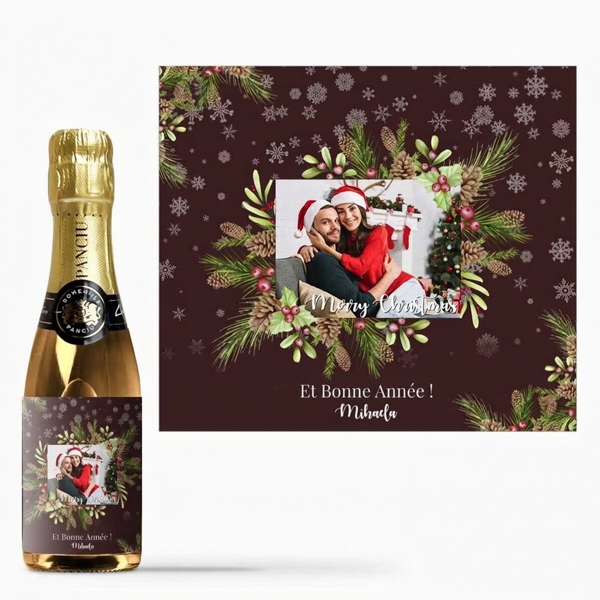 Mini-bouteille de vin mousseux personnalisée avec photo et texte - Décorations de Noël