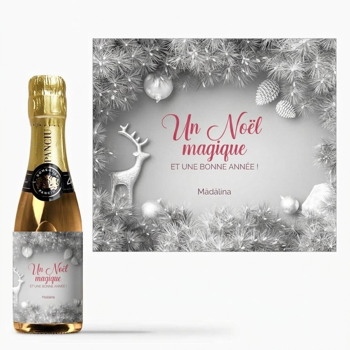 Mini-bouteille de vin mousseux personnalisée avec un message - Silver Christmas
