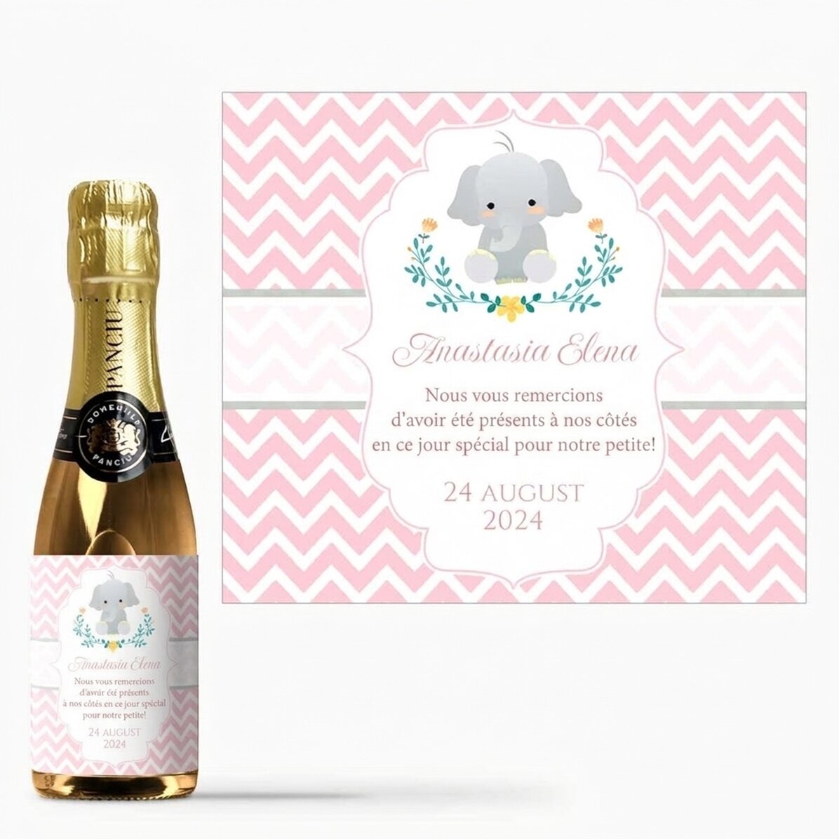 Mini-bouteille de vin mousseux personnalisée pour un cadeau de baptême avec inscription - Éléphant