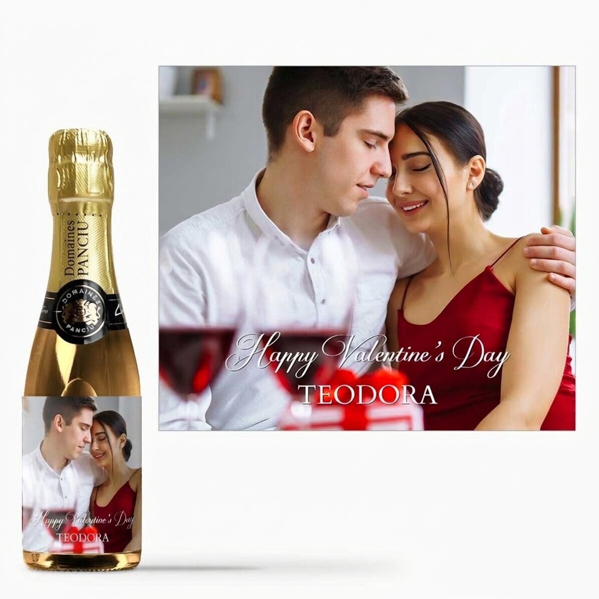Mini-bouteille de vin mousseux personnalisée avec une photo et un texte
