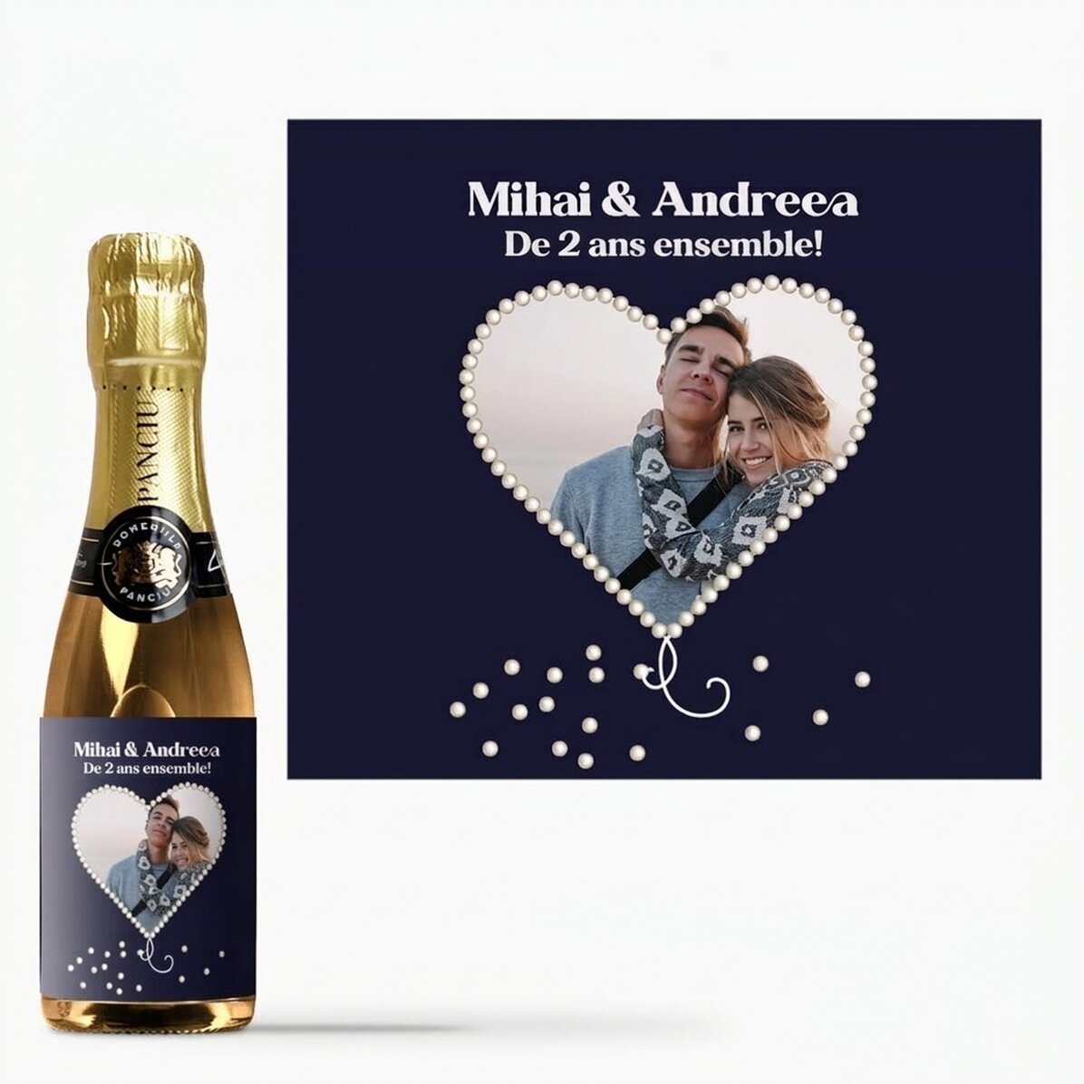 Mini-bouteille de vin mousseux personnalisée avec une photo en forme de cœur nacré