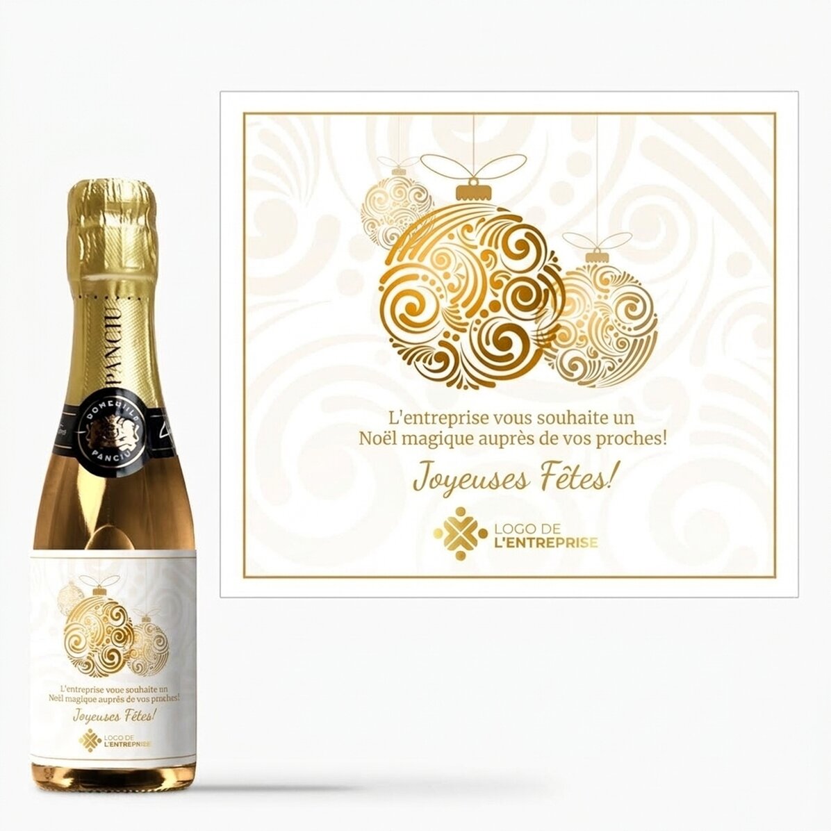 Mini-bouteille de vin mousseux personnalisée avec logo et message - Boules de Noël dorées