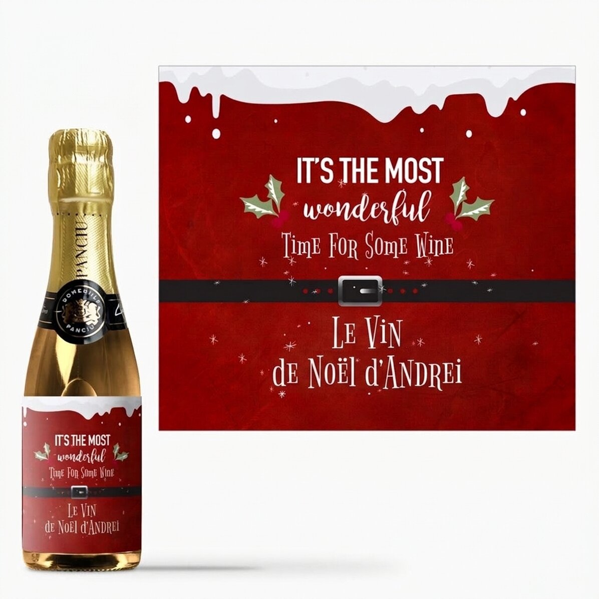 Mini-bouteille de vin mousseux personnalisée avec le texte « Most wonderful time »