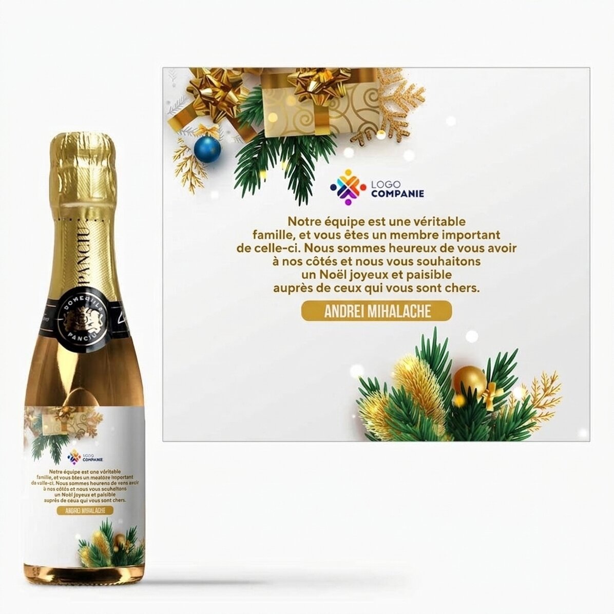 Mini-bouteille de vin mousseux personnalisée avec un message et un logo - Une histoire de fête