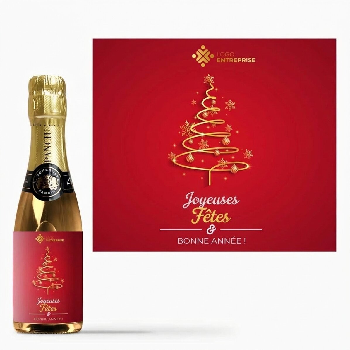 Mini-bouteille de vin mousseux personnalisée avec un texte et un logo - Joyeuses fêtes