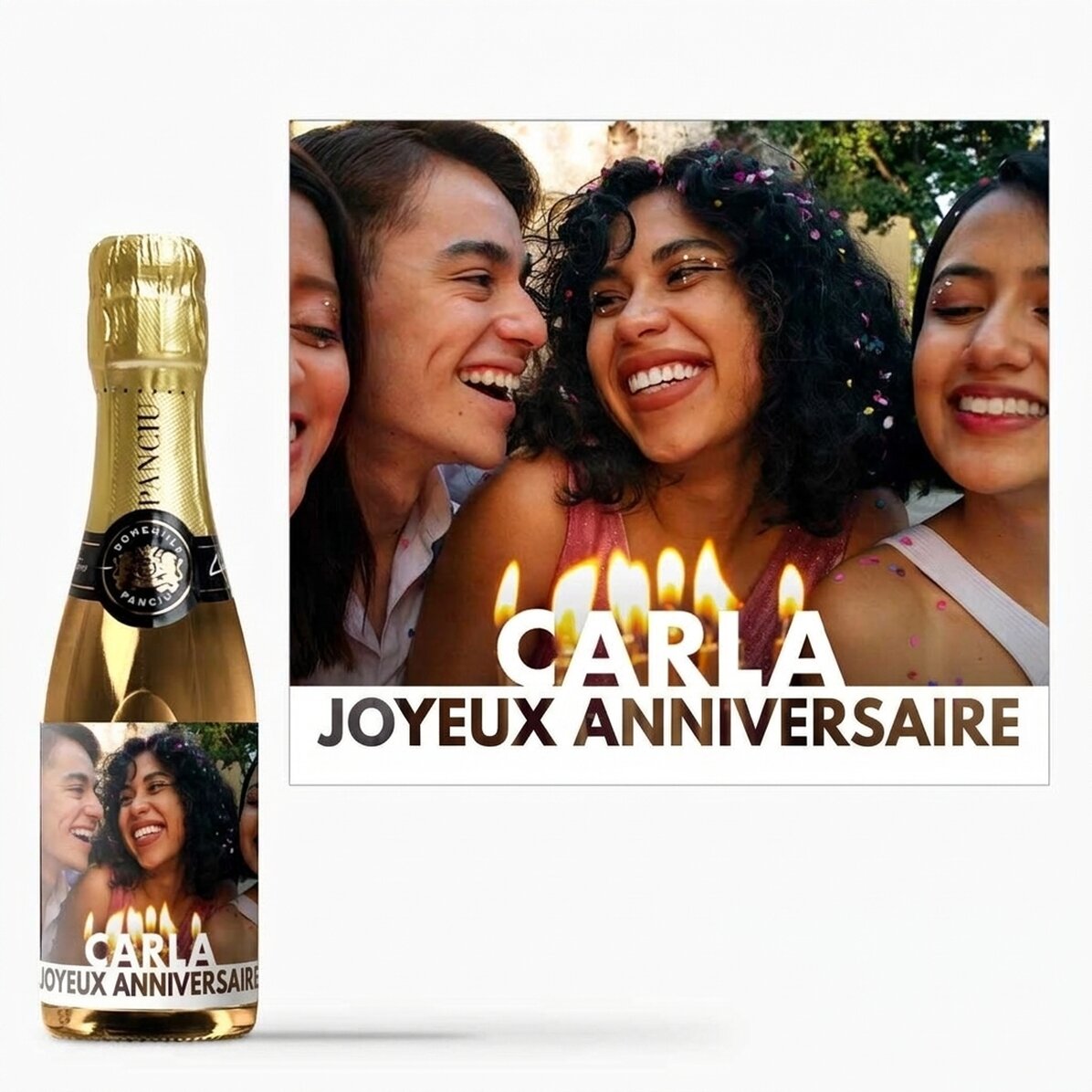 Mini-bouteille de vin mousseux personnalisée avec une photo et un prénom pour un anniversaire