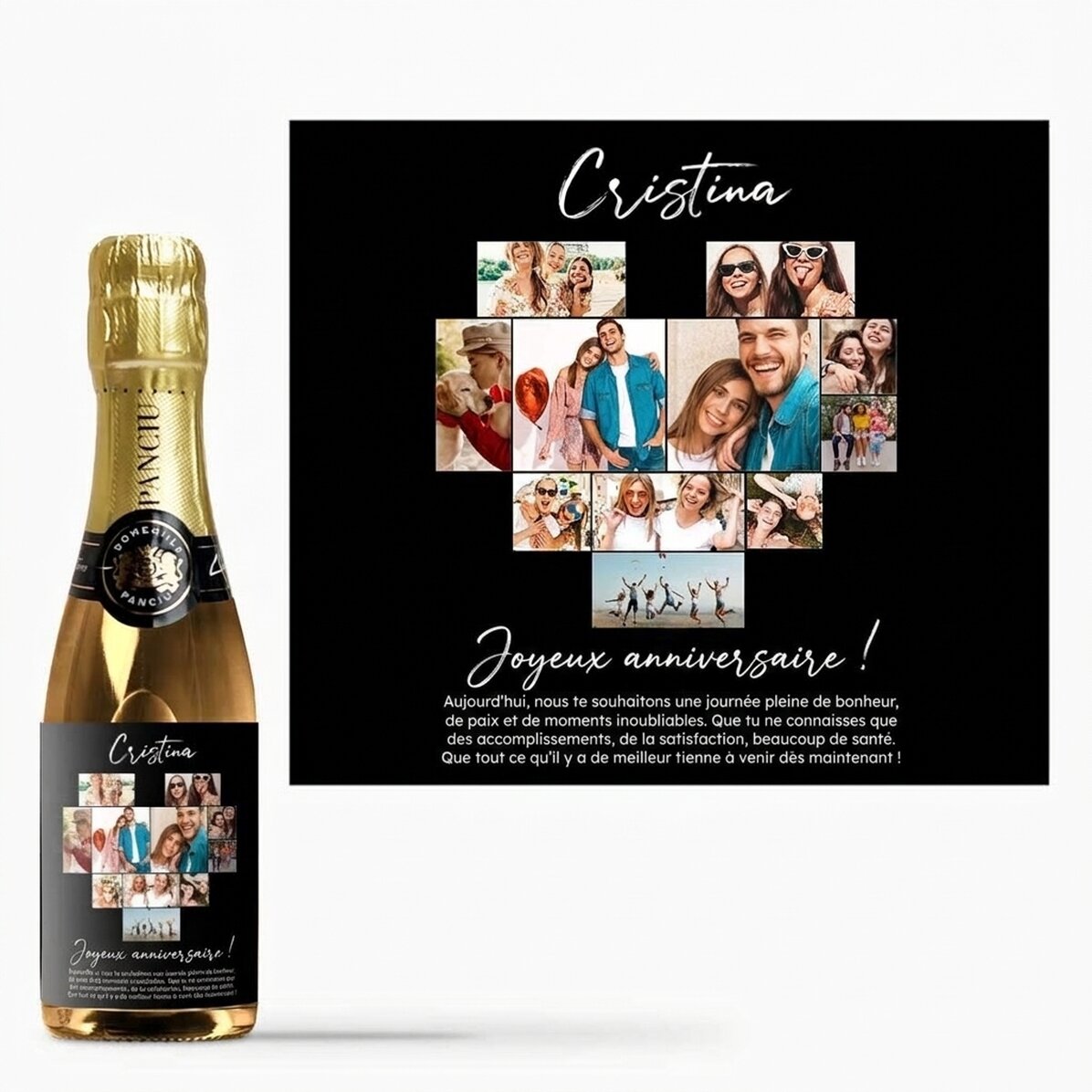Mini-bouteille de vin mousseux personnalisée avec 11 photos et un message