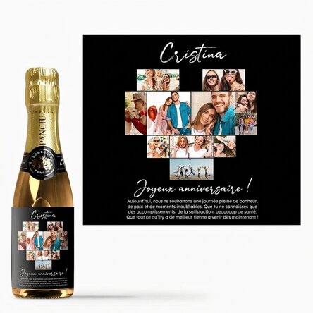 Mini-bouteille de vin mousseux personnalisée avec 11 photos et un message
