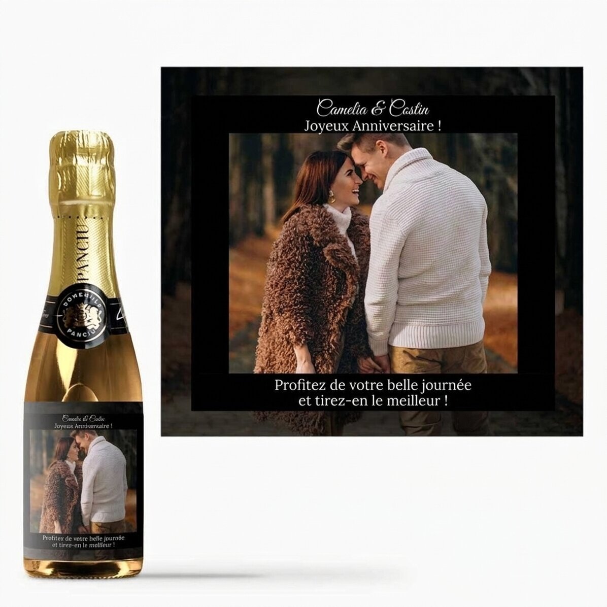 Mini-bouteille de vin mousseux personnalisée avec un texte et une photo pour les anniversaires