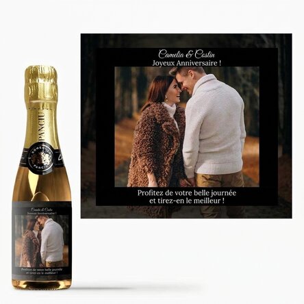 Mini-bouteille de vin mousseux personnalisée avec un texte et une photo pour les anniversaires