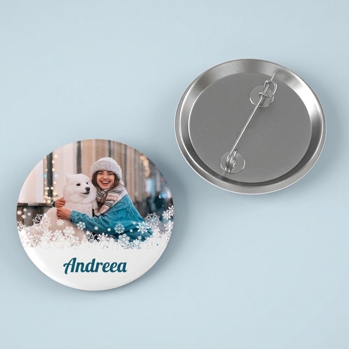 Badge personnalisé avec photo et texte - Flocons de neige