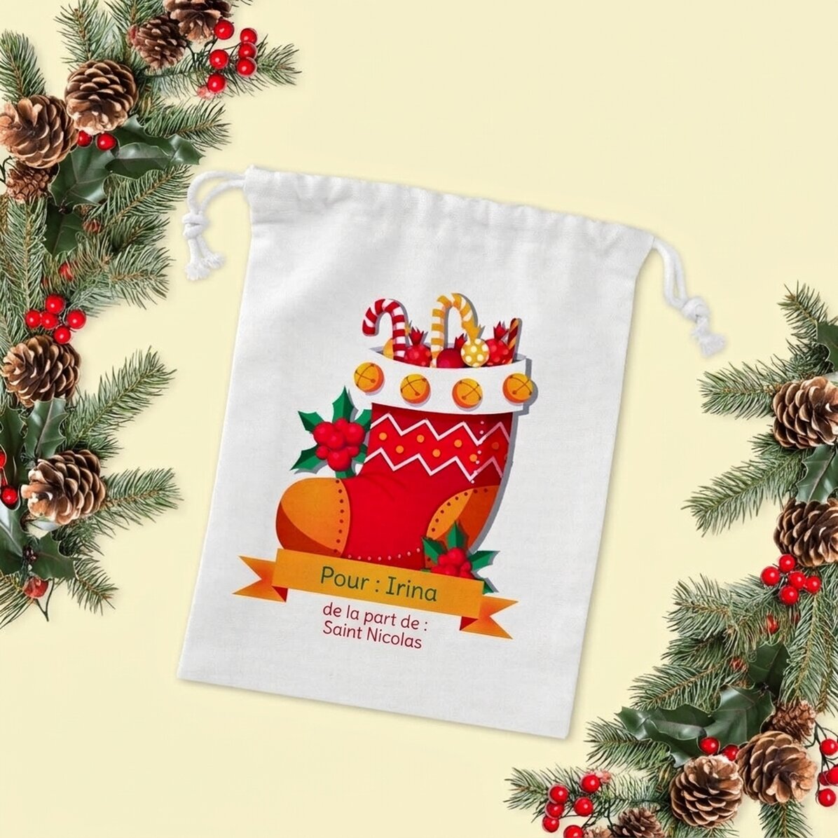 Petit sac cadeau personnalisé avec un prénom - de la part du Père Noël