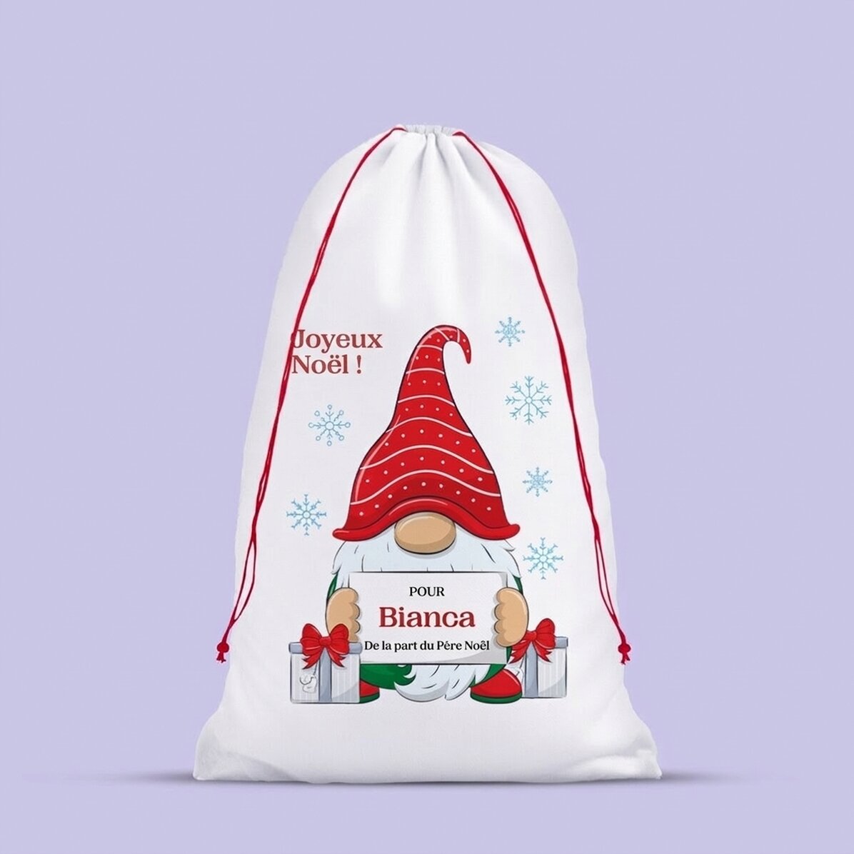 Sac cadeau blanc personnalisé avec un message - Gnome de Noël
