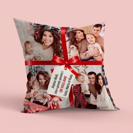 Coussin personnalisé avec 4 photos et un message - Le cadeau idéal