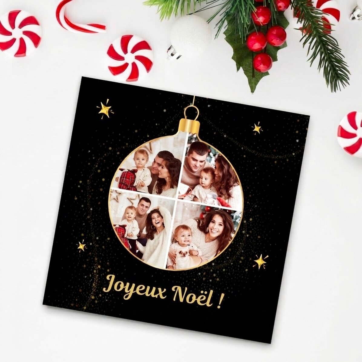 Aimant 10 x 10 personnalisé avec 4 photos et un message - Boule de Noël