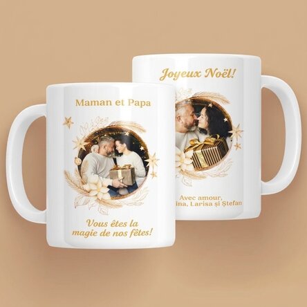 Tasse personnalisée avec un texte et 2 photos - La magie des fêtes