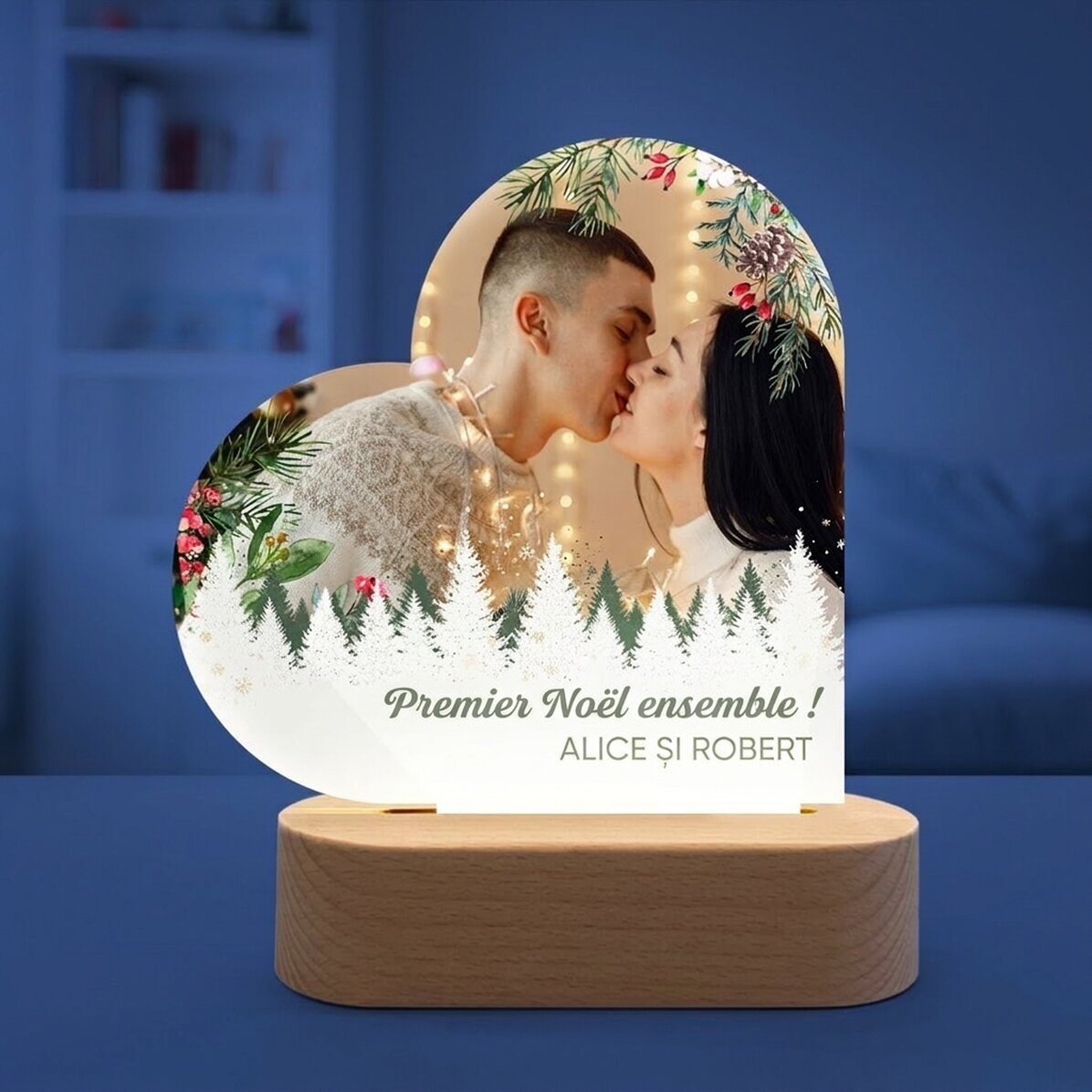 Lampe de veille LED en forme de cœur personnalisée avec une photo et un message - Joyeux Noël