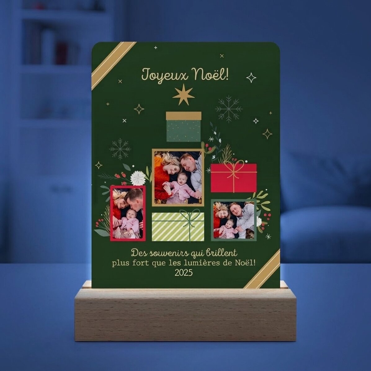 Lampe de veille LED personnalisée avec photos et message - Souvenirs de Noël