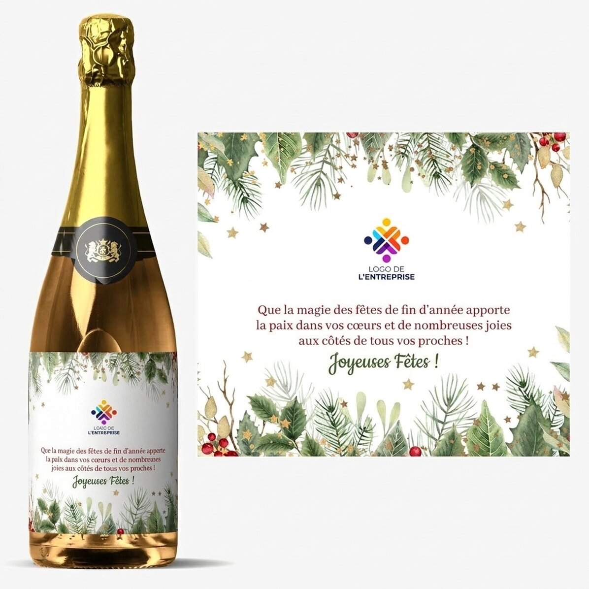 Vin mousseux personnalisé avec texte et logo - Joyeuses fêtes !