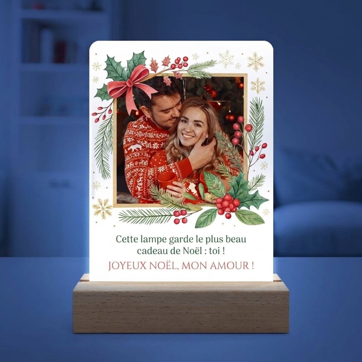 Lampe de veille LED personnalisée avec photo et message - Joyeux Noël !