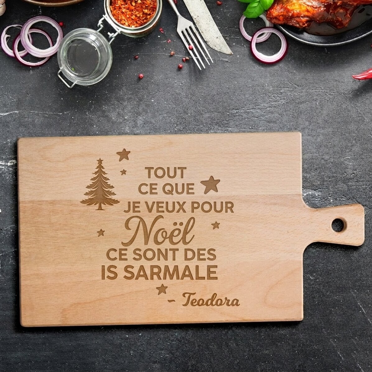 Planche à découper haut de gamme personnalisée avec poignée - Joyeux Noël
