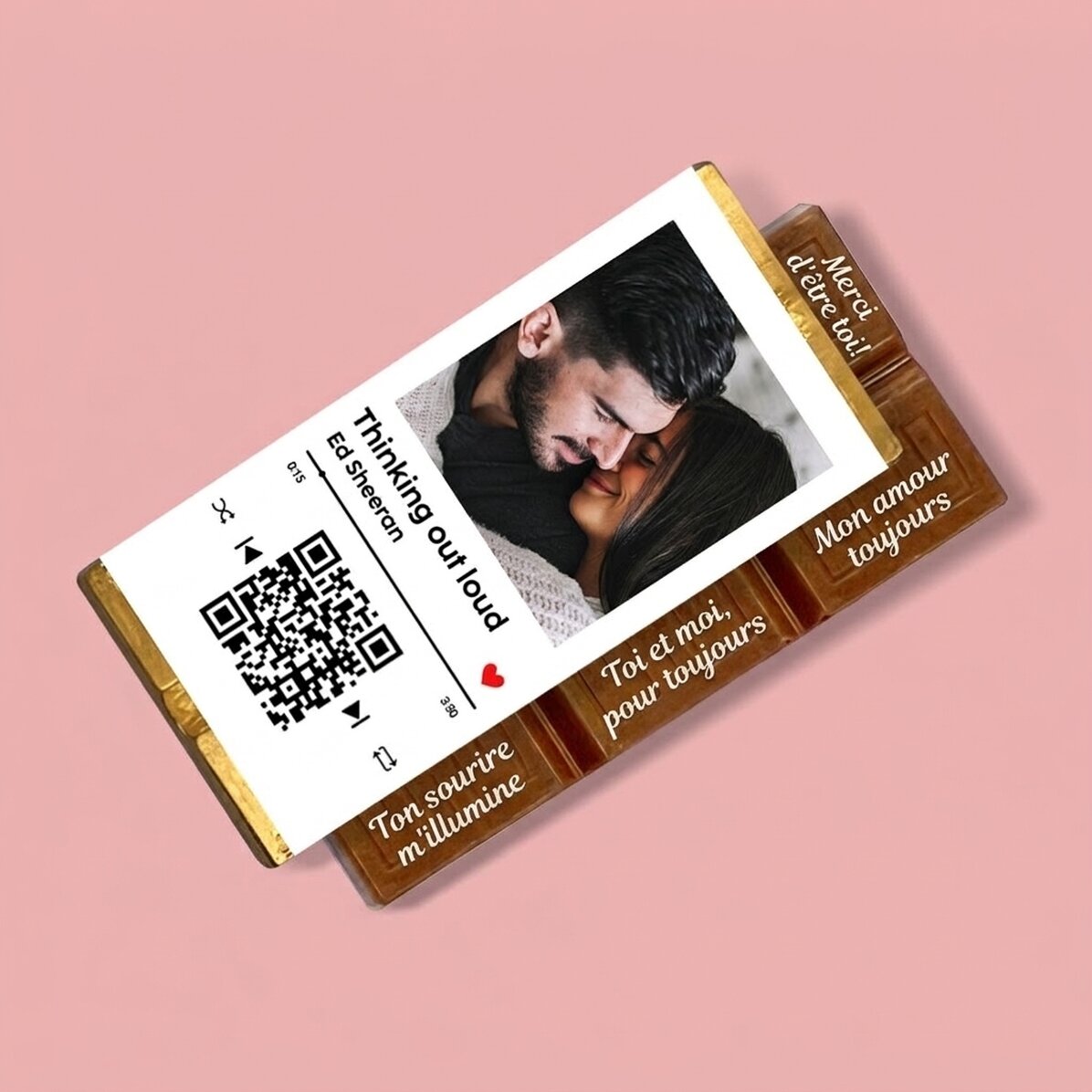 Mini-tablette de chocolat personnalisée avec une photo, un message et un code QR - Notre chanson