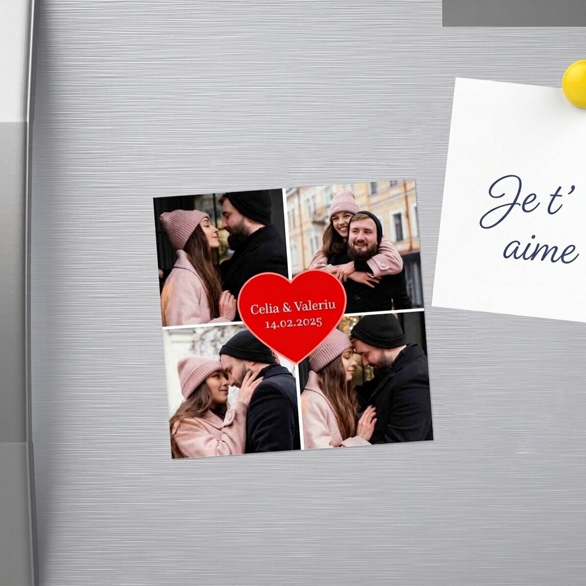 Aimant 10 x 10 personnalisé avec 4 photos et un texte - Cœur