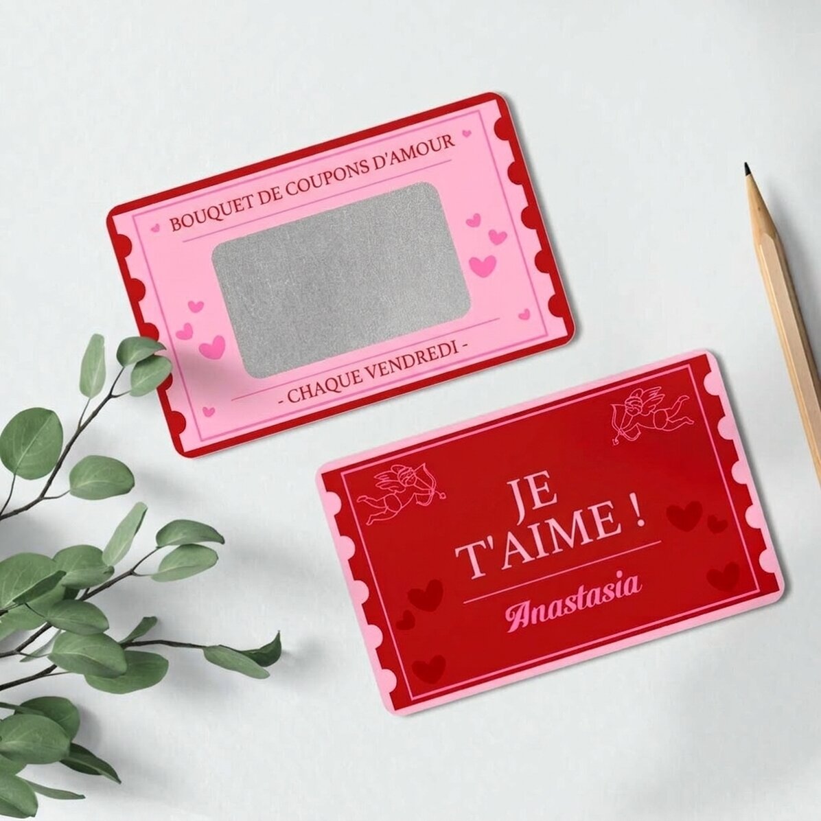 Carte en aluminium à gratter personnalisée recto-verso avec message - Love Coupon