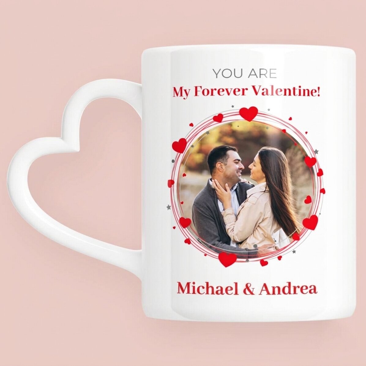 Tasse personnalisée avec photo et texte - Forever - modèle avec anse en forme de cœur