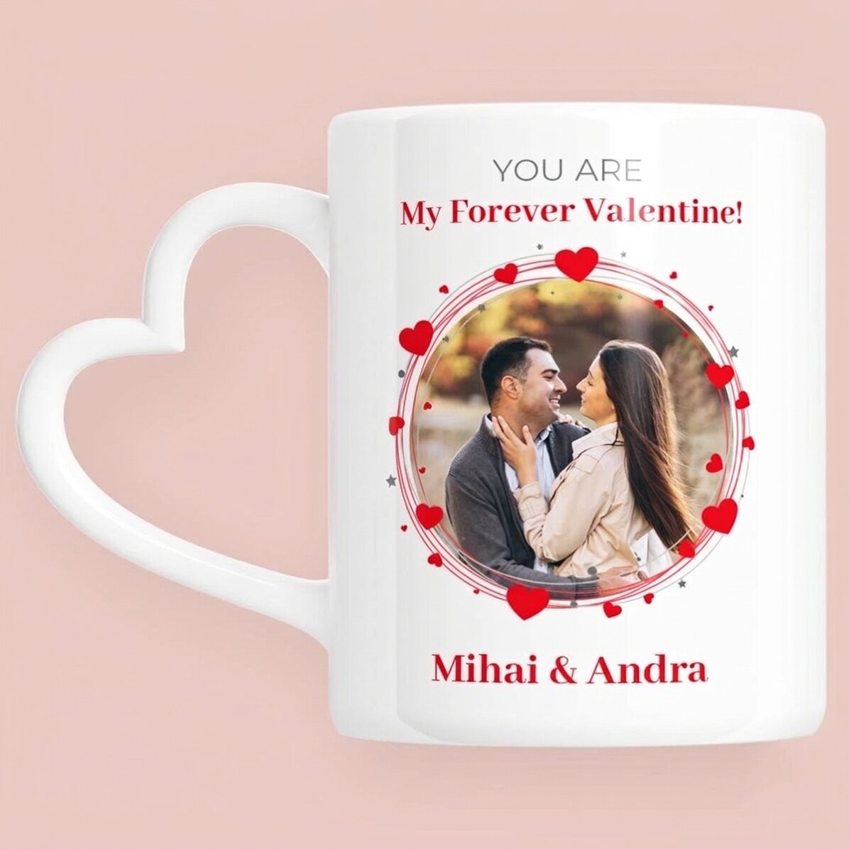Tasse personnalisée avec photo et texte - Forever - modèle avec anse en forme de cœur