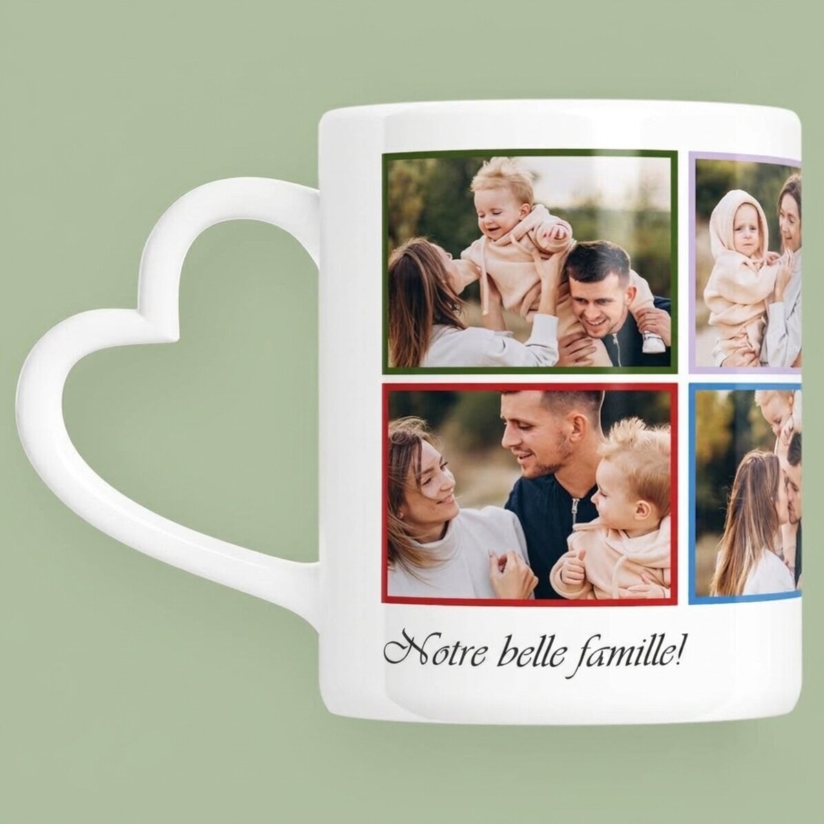 Tasse personnalisée avec 8 photos et un texte - modèle avec anse en forme de cœur