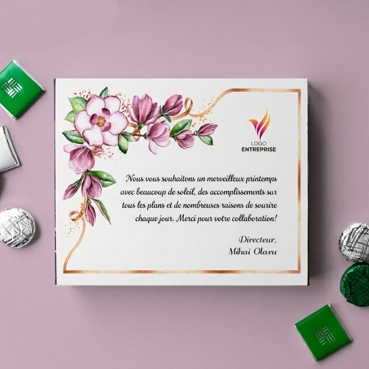 Boîte de bonbons personnalisée avec logo et message - Floral