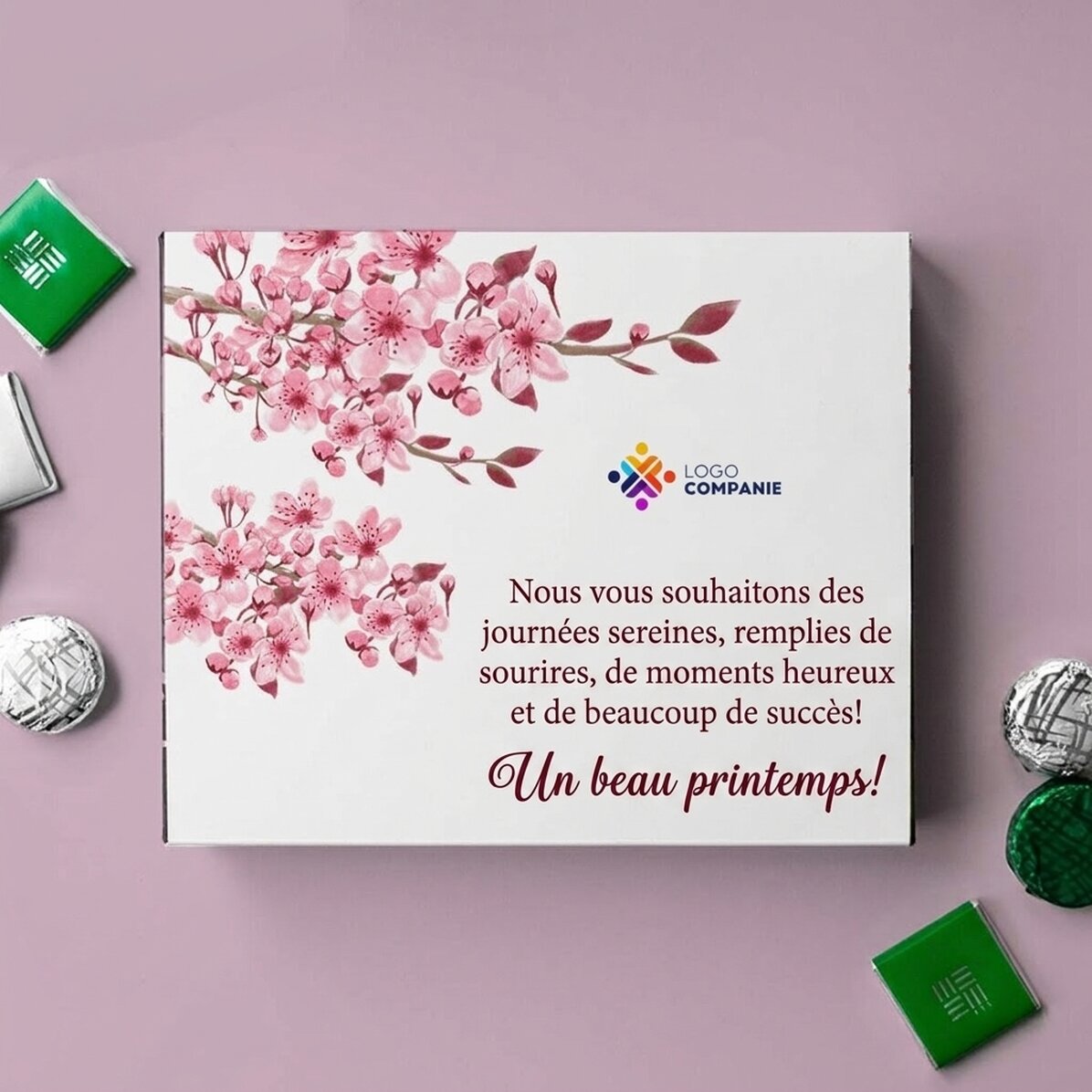 Boîte de bonbons personnalisée avec logo et texte - Printemps