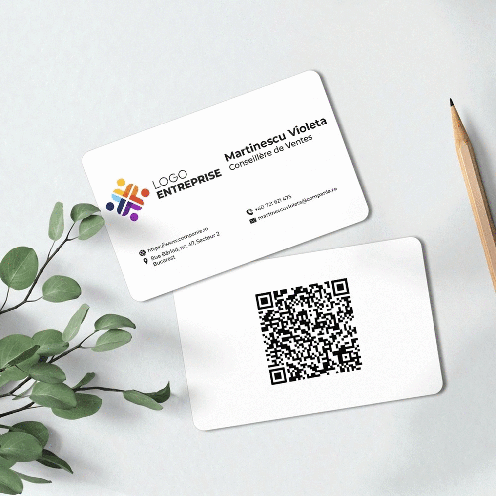 Carte de visite en aluminium personnalisée recto-verso avec code QR et coordonnées