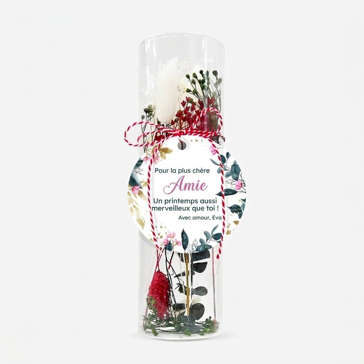 Pendentif martisor en verre avec des fleurs stabilisées, personnalisé avec un message - Ma chérie