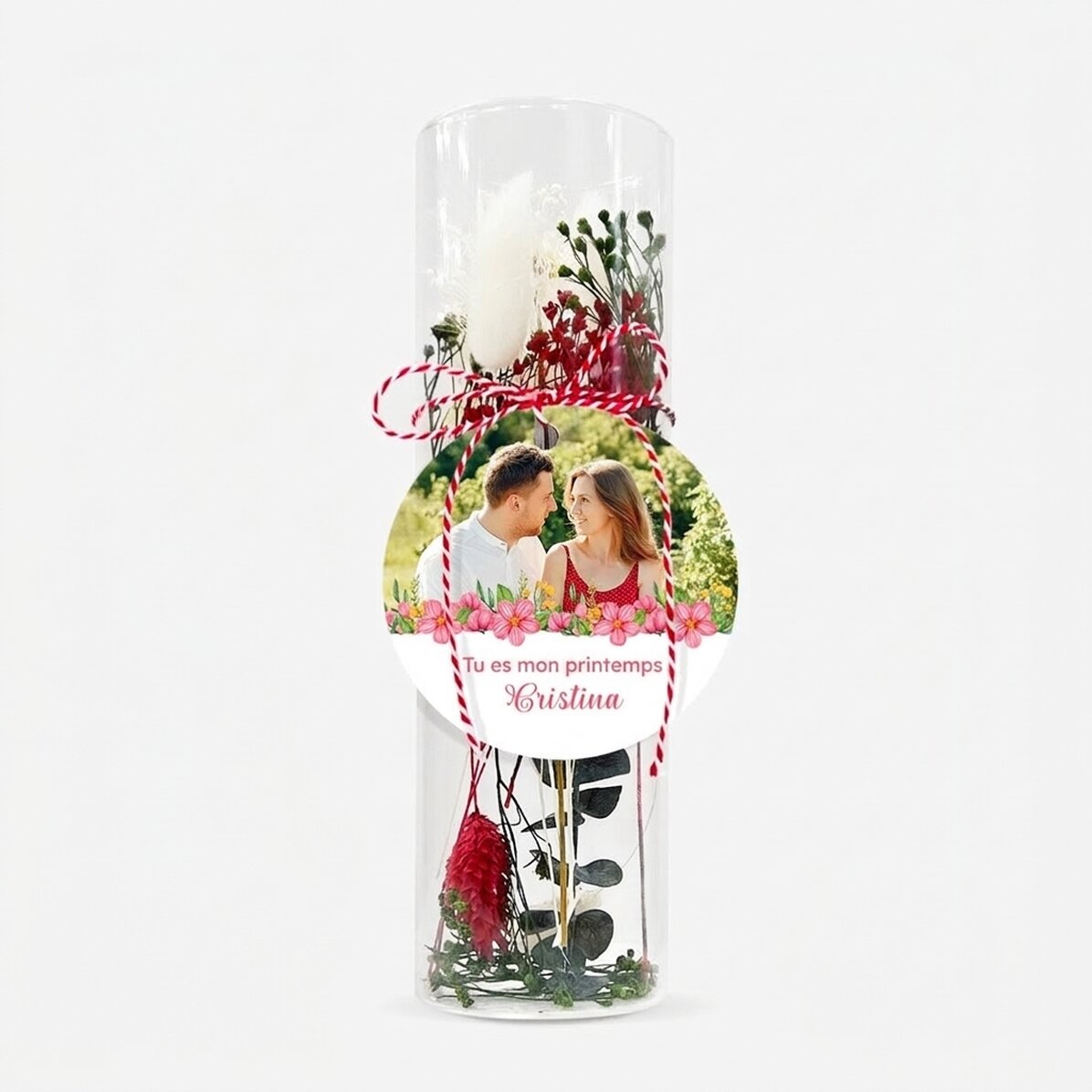 Décoration « martisor » en verre avec fleurs stabilisées, personnalisée avec un message et une photo