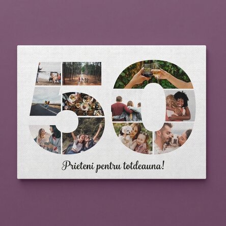 Personalised landscape canvas print with 11 photos, model number 50 and text message