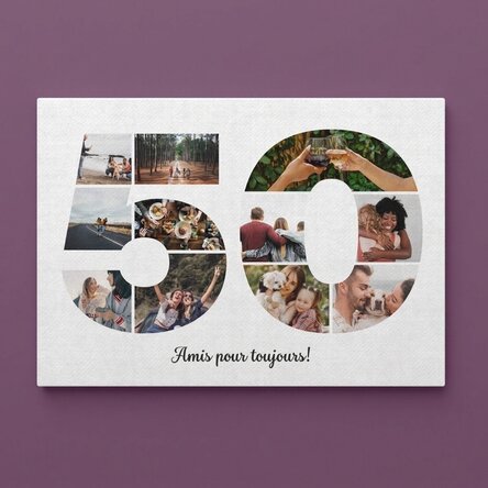 Tableau sur toile personnalisé au format paysage, comprenant 11 photos du modèle n° 50 et un message