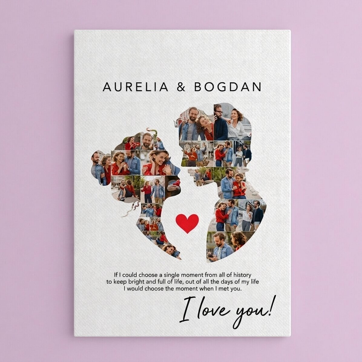 Tableau sur toile personnalisé avec 26 photos et un texte pour un couple - Notre amour